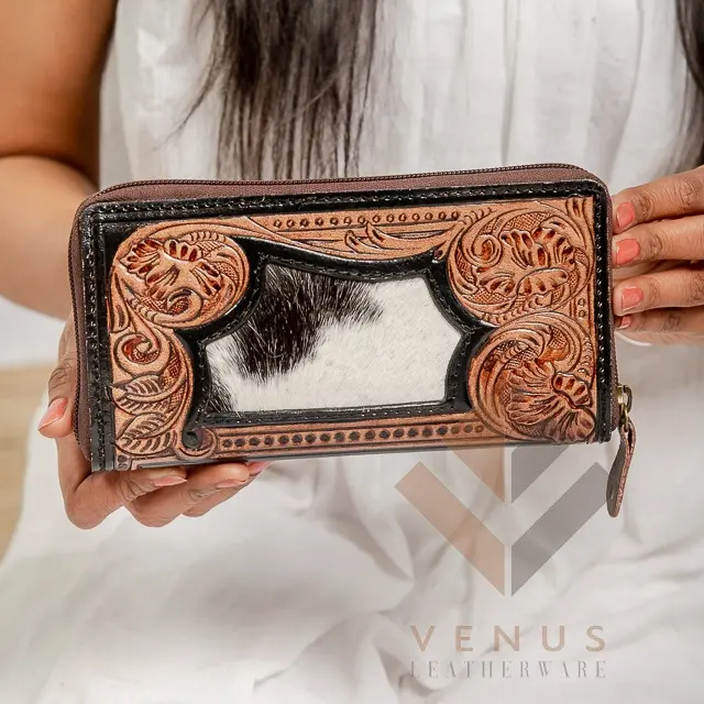 Hand Made Gift Purpose High End Quality Tooled Carving Cow Hide Genuine Leather Wallets For Women Handmade Handcrafted Trending
