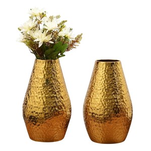 Modern Golden Metal Flower <b>Vase</b> <b>Set</b> Of 2 Handcrafted Iron Round <b>Vases</b> For Home Decor Glossy Gold Finish Decorative Item For Sale - Product Image 4
