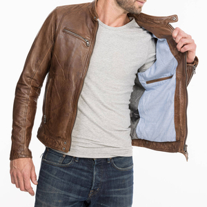 Veste de moto en cuir marron Vintage pour hommes à forte demande, manteau de motard décontracté à coupe ajustée, poche zippée, vêtements d'extérieur d'hiver chauds - Product Image 3