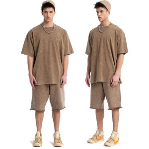 Streetwear d'été pour hommes, ensemble de t-shirts et shorts délavés à l'acide, survêtements tricotés en coton respirant personnalisés, tricotés à la mode par OEM - Product Image 1