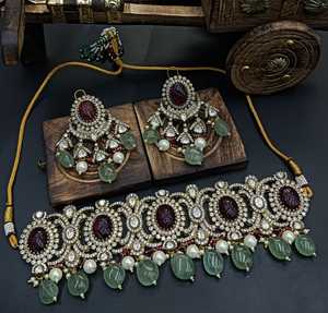 Victorian Luxury Designer Polki Necklace Set <b>Earrings</b> Handcrafted Polish Brass Bridal Jewelry for Engagements Anniversaries - Product Image 1