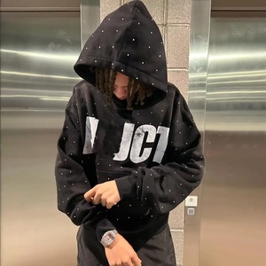 Sudaderas con capucha con diamantes de imitación para hombre con logotipo impreso en pantalla personalizado, algodón pesado de gran tamaño, algodón, lavado ácido, sol, desteñido - Product Image 5
