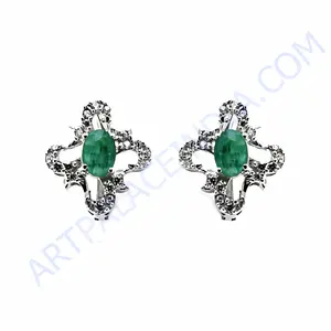 Pendientes de Aro de Oro de 14k con Esmeralda Vintage de Moda para Mujer, Joyería de Oro Blanco y Rosa con Diamantes Resaltados - Product Image 1