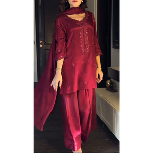 Sutra Chino bordir elegan Salwar Kameez dengan payet dan Dupatta siap dipakai dalam <span class=keywords><strong>M</strong></span> XL XXL ukuran untuk wanita - Product Image 1