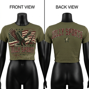 Camiseta Corta para Mujer, Algodón Premium GSM, Verde Oliva, Estampado Gráfico de Águila, Logotipo Personalizado, Ajuste Suave y Transpirable - Product Image 1