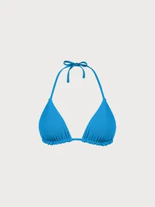 Custom Logo 2 PieceSwimsuit Sexy Bathing High Stretch Plunge Triangle Padded V Neck Blue Reversible Halter Triangle Bikini Set