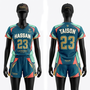 Uniforme de lacrosse para mujer de poliéster transpirable premium, diseño azul marino, naranja y blanco, sublimación, logotipo personalizado, nombre del equipo, número. - Product Image 3
