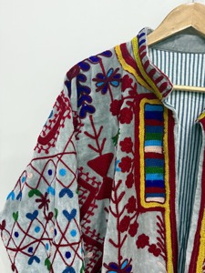 Bohemian Floral Embroidered Cotton <b>Jacket</b> <b>Mandarin</b> <b>Collar</b> Batwing Sleeve Long Loose Vintage Style Spring Wear Unisex - Product Image 4