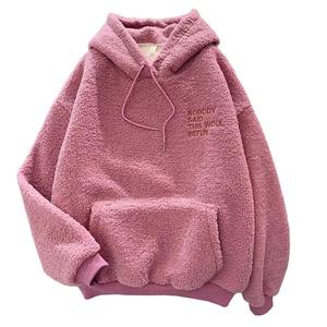 Automne hiver femmes manteau rose doux imprimé flanelle pull Harajuku Style lâche poche à capuche tricoté polaire sweat - Product Image 4