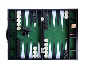 Tournament Size <b>Backgammon</b> <b>Set</b> Green Fabric Ground Leather Case 22x29 Inch (57x75cm) - Product Image 1