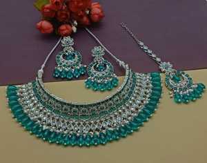 New Design Gold Plated Traditional <b>Drop</b> <b>Pearl</b> & Stone Studded Earring Mangtika Choker <b>Necklace</b> Set & Jewellery Set for Women - Product Image 3
