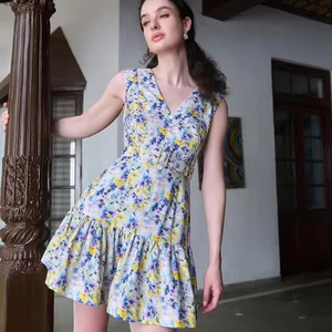 Inde main bloc coton robe courte personnalisé imprimé fleuri été mariage/lune de miel cadeau pour mariée Mini longueur - Product Image 1