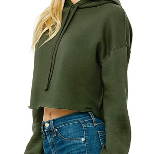 Raw Hem Women's Cropped Fleece Hoodie 3D Embroidery 52% Airlume <b>Combed</b> Ring Spun Cotton 48% Poly Green Dropped Shoulder Hooded - Product Image 5