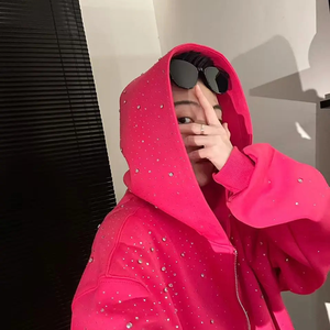 YUCHEN Nouveau produit, sweat-shirt à capuche en molleton français 100% coton, poids lourd 500 g/m², lavage à l'acide, fermeture éclair personnalisée avec strass, sweat-shirt d'hiver - Product Image 3