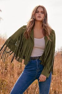 Nuevo abrigo corto con flecos para mujer con solapa de motocicleta y otoño para mujer, chaqueta universitaria de cuero de motorista de gamuza auténtica personalizada - Product Image 2