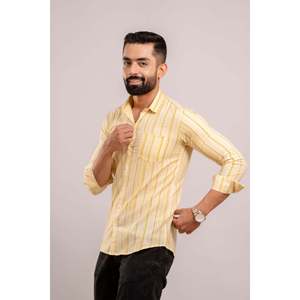 Camisa de Vestir Casual para Hombre, 100% Algodón, Estampada con Rayas Amarillas, Popelina Tejida, Mangas Largas, Transpirable, Talla 6XL, para Otoño y Oficina - Product Image 3