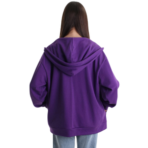 Púrpura cremallera completa de gran tamaño holgado 100% algodón logotipo personalizado diseño antiarrugas gota hombro sudaderas con capucha para mujer - Product Image 3