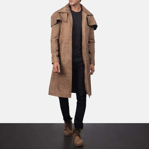 Classic <b>Brown</b> Sheepskin Notched Lapel Quilted Lining Open Front <b>Men's</b> <b>Overcoat</b> - Product Image 6