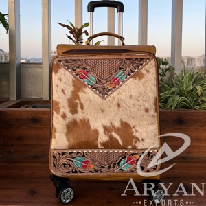 Hot Sale Hand Tooled Leather Travel <b>Trolley</b> Bag for Unisex Hair on Genuine Cow Leather Carry on Luggage Durable Luxury Suitcase - Product Image 1