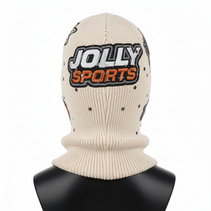 Pasamontañas de punto acanalado acrílico premium de 320 GSM, cubierta facial suave para invierno, beige, con logotipo de parche tejido personalizado para mujer. - Product Image 2