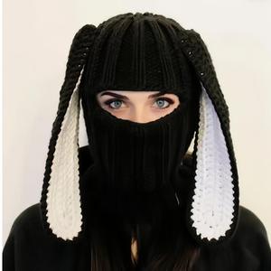 Gorro de punto de algodón cálido unisex hecho a mano con bordado, diseño de conejo de orejas grandes, estampado digital de cara linda con bloques de color, informal - Product Image 6