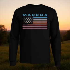 T-shirt vintage a maniche lunghe con bandiera americana Sunset, design promozionale Maddox Maryland - Product Image 3