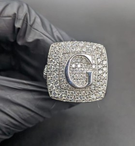 Custom Letter Square Design <b>Initial</b> <b>Ring</b> 925 Sterling Silver Rhodium Plated VVS Moissanite Diamond Sarkling - Product Image 1