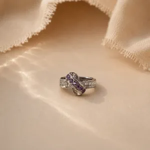 Rhodium Plated Amethyst Infinity Twist <b>Couple</b> <b>Ring</b> with Bezel Set Zircon - Product Image 2