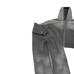 Ensemble de survêtement unisexe personnalisé en coton épais avec strass, pantalon de jogging et sweat à capuche, délavage acide, style streetwear hiver 2025 - Product Image 4