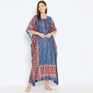 ชุดเดรสแขนสั้นผ้าเรยอนผ้าเรยอนเข้ารูปคอกลมมีกระดุมแบบผ่าหน้าสีฟ้าสไตล์เปอร์เซีย - Product Image 1