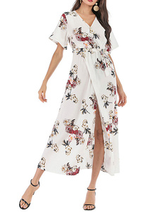 Robe d'été trapèze mi-longue en mousseline florale, sexy et accrocheuse, avec fente, manches courtes, col en V et ceinture à la taille – Collection 2025 – Offre Spéciale - Product Image 4