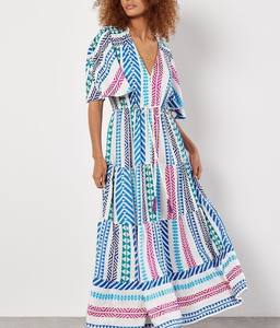 เดรสยาวสำหรับผู้หญิงชุดเดรสยาวผ้าทอรูปตัววีทำด้วยมือสไตล์อินเดียชุดเดรสสตรียาวแต่งระบายระบายคอวี - Product Image 1