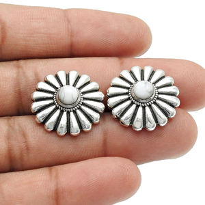 Ensemble de lunette ronde Turquoise blanche Design de fleur minimaliste 925 argent Sterling pierres précieuses précieuses boucle d'oreille bijoux pour femmes - Product Image 4