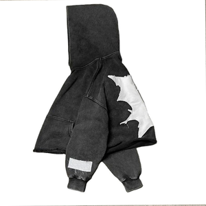 No Pocket Sun Faded Cut Edge Custom <b>Acid</b> <b>Wash</b> Cropped Hoodies Men Raw Hem Applique Distressed Patch Embroidery Hoodies - Product Image 3