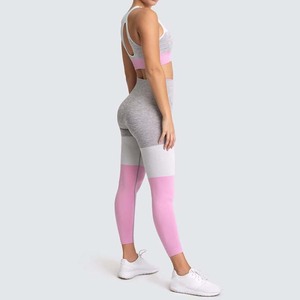 Traje deportivo de punto sin costuras, pantalones de yoga con costuras de contraste, mallas deportivas con sujetador - Product Image 6
