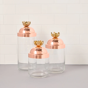 Lotus Kitchen Jars 3 Piece <b>Set</b> Clear Glass Solid Copper with Bronze Lid Ideal storing <b>sugar</b> dried goods <b>tea</b> bags <b>coffee</b> & more - Product Image 1