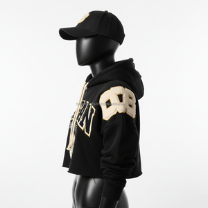 <b>Women</b> <b>Crop</b> <b>Top</b> Hoodie Premium 320 GSM Soft Fleece <b>Black</b> with Beige Shoulder Panels Embroidered Custom Logo Chenille Patch Design - Product Image 3