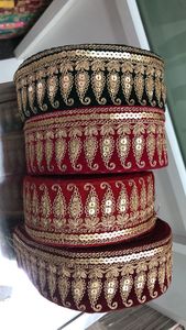 Custom Made Floral Design Machine Embroidered with Sequins Embroidery <b>Black</b> & Maroon Coloured <b>Ribbon</b> & Laces for Wedding Dresses - Product Image 3