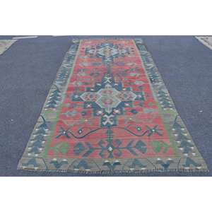 Alfombra Kilim turca Vintage, diseño de retales rojo y azul, 5,2x10,4 pies, tejido plano, respaldo de látex de lana para pasillo, habitación de adolescentes, 10mm - Product Image 1