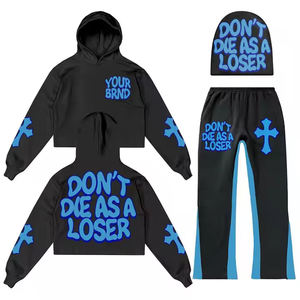 Personalizado 100% algodón de dos piezas Streetwear Sun Fade Joggers conjunto de gran tamaño 3D Puff impreso Sudadera con capucha pantalón ecológico para el invierno - Product Image 1