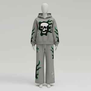 Conjuntos de chándal personalizados para fabricantes, con lavado ácido, serigrafía, efecto desgastado por el sol, pedrería, estilo streetwear, sudadera con capucha y pantalones acampanados holgados - Product Image 1