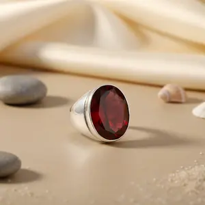 925 Silver Handmade <b>Statement</b> <b>Ring</b> for Women Boho Retro Style with Natural Garnet Stone Dainty Romantic Gemstone Jewelry - Product Image 1