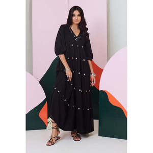 Vestido Maxi Piku para Mujer, Negro, Tejido Sólido, Bordado, 100% Algodón, Cuello en V, Manga Abullonada, Aberturas Asimétricas, Elegante y Sexy - Product Image 1