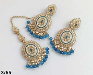 Vêtements de mariage de qualité supérieure Design ovale AntiqueOr Plaqué Perle Travail Mode Longue Boucle D'oreille Avec Mangtika Ensemble Pour Femmes Et Fille - Product Image 2