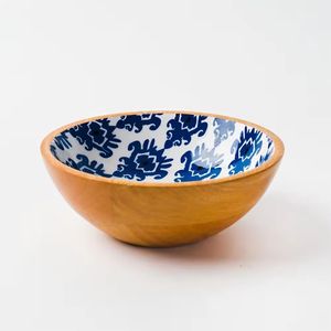 Cuenco de madera de acacia para servir, diseño impreso de esmalte hecho a mano indio, acabado Natural para cocina multiusos y uso en bodas - Product Image 3