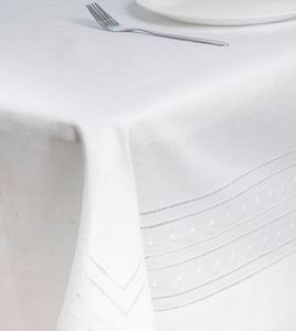 Wholesale Customized White Linen Full Size <b>Tablecloth</b> <b>Embroidered</b> Dots and Hemstitch Washable for Home Restaurant Holiday Use - Product Image 3
