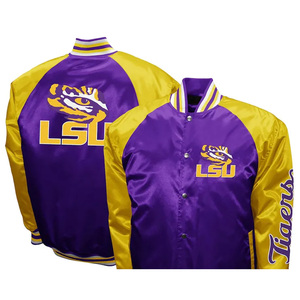 LSU Tiger Purple Satin Baseball Bomber Jacket Stand Collar Winter College Letterman Embroidered Jacket avec service OEM - Product Image 6