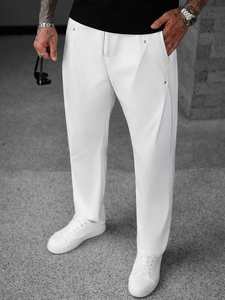 Pantalon blanc pour hommes lavé pantalon Slim Fit avec détail de rivet en métal jambe droite moderne Style Streetwear élégant tenue décontracté - Product Image 5