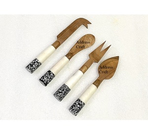 Lot de 4 couteaux à fromage en bois d'acacia matériau écologique avec manche en terrazzo Couteau à fromage avec logo personnalisé Couteau à beurre Fourchette à fruits - Product Image 6