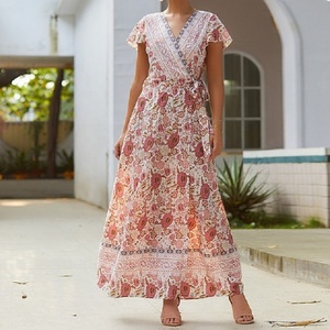 Robe décontractée sexy à manches courtes et col en V, imprimé floral bohème, écologique, respirante, longueur cheville, grande taille (XL) - Product Image 5